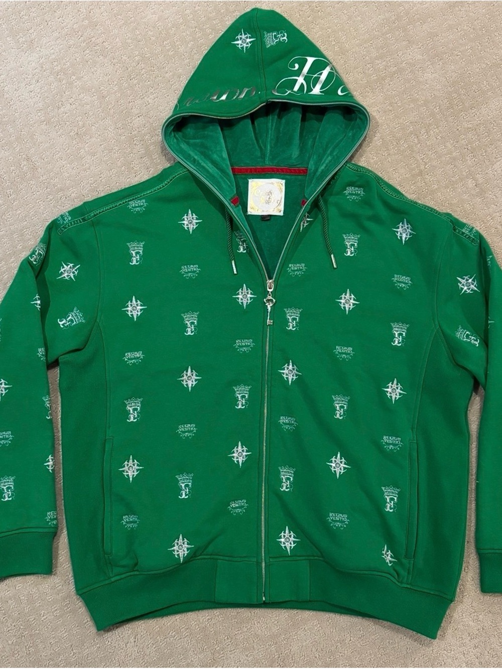 Green Crown-Motif Zip Hoodie with Hooded Logo Detailing